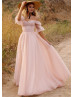 Off Shoulder Blush Tulle Pleated Wedding Dress